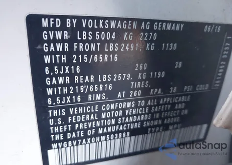 2017 Volkswagen Tiguan 2.0T S z USA, uszkodzony, nr VIN WVGBV7AX0HW503868